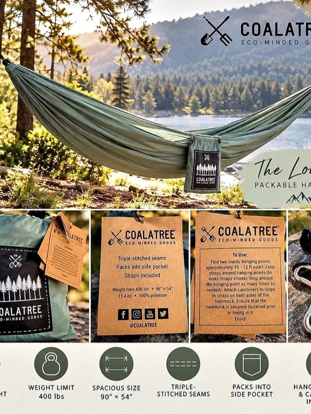 Coalatree The Loafer Packable Camping Hammock Sage Green NWT